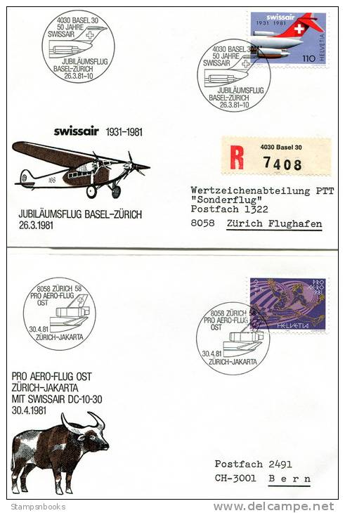 1981 Switzerland Swissair Flight Covers - Set Of 5 - Helsinki Reindeer Buenos Aires Penguin Chicago Buffalo Jakarta - First Flight Covers