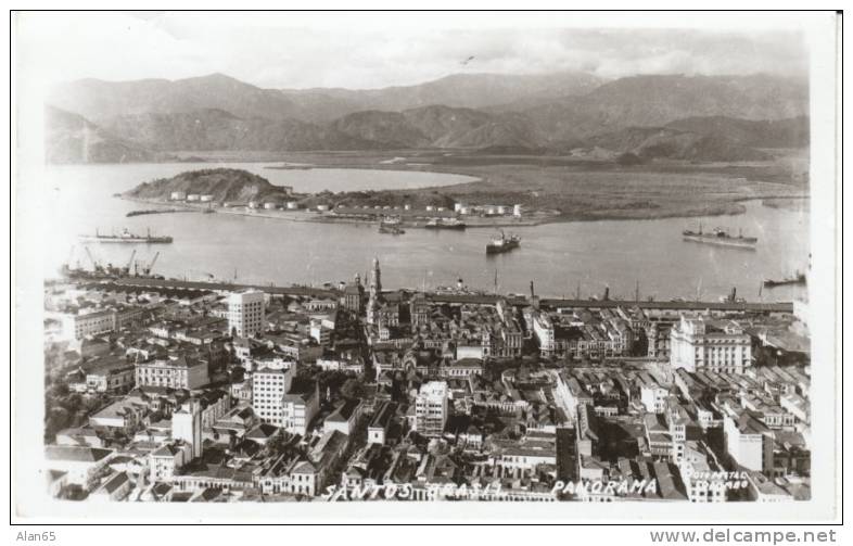 Santos Brazil Brasil, Aerial View Of Port Harbor And City, C1950s Vintage Real Photo Postcard - Other