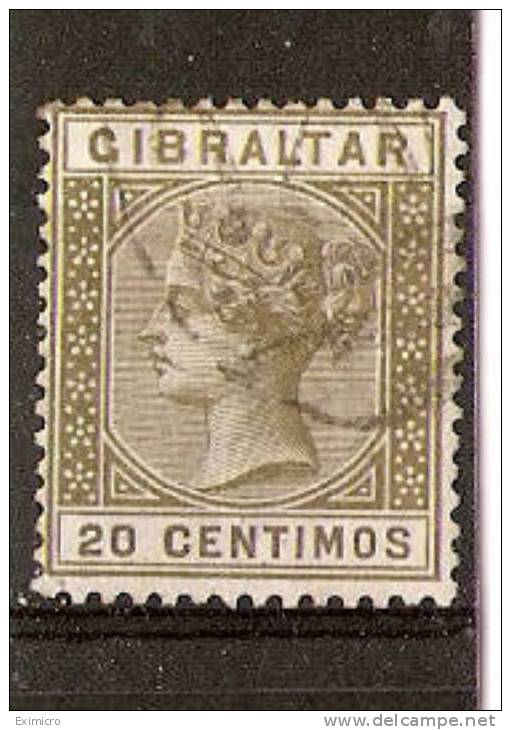 GIBRALTAR 1896 20c OLIVE GREEN SG 25 VERY FINE USED Cat £100 - Gibraltar