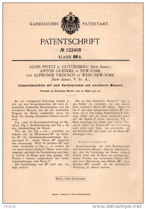 Original Patentschrift - A. Pivetz , A. Guendel Und A. Thourot In Guttenberg , 1900 , Jaquard - Machine !!! - Tools