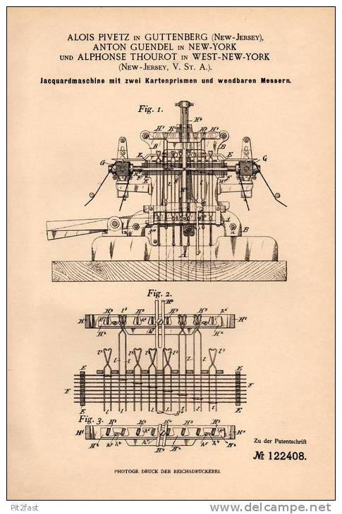 Original Patentschrift - A. Pivetz , A. Guendel Und A. Thourot In Guttenberg , 1900 , Jaquard - Machine !!! - Tools