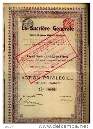 (BRUXELLES) “La Sucrière Générale » Action Privilégiée De 400 Fr (1908) - Landbouw