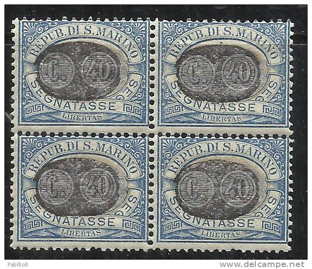 SAN MARINO 1931 SEGNATASSE POSTAGE DUE MASCHERINE SOPRASTAMPATI CENT. 40 SU 30c MNH QUARTINA BLOCK BEN CENTRATA - Impuestos