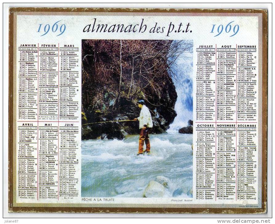CALENDRIER   ALMANACH DES P.T.T.         1969            PECHEUR A LA TRUITE - Grand Format : 1961-70