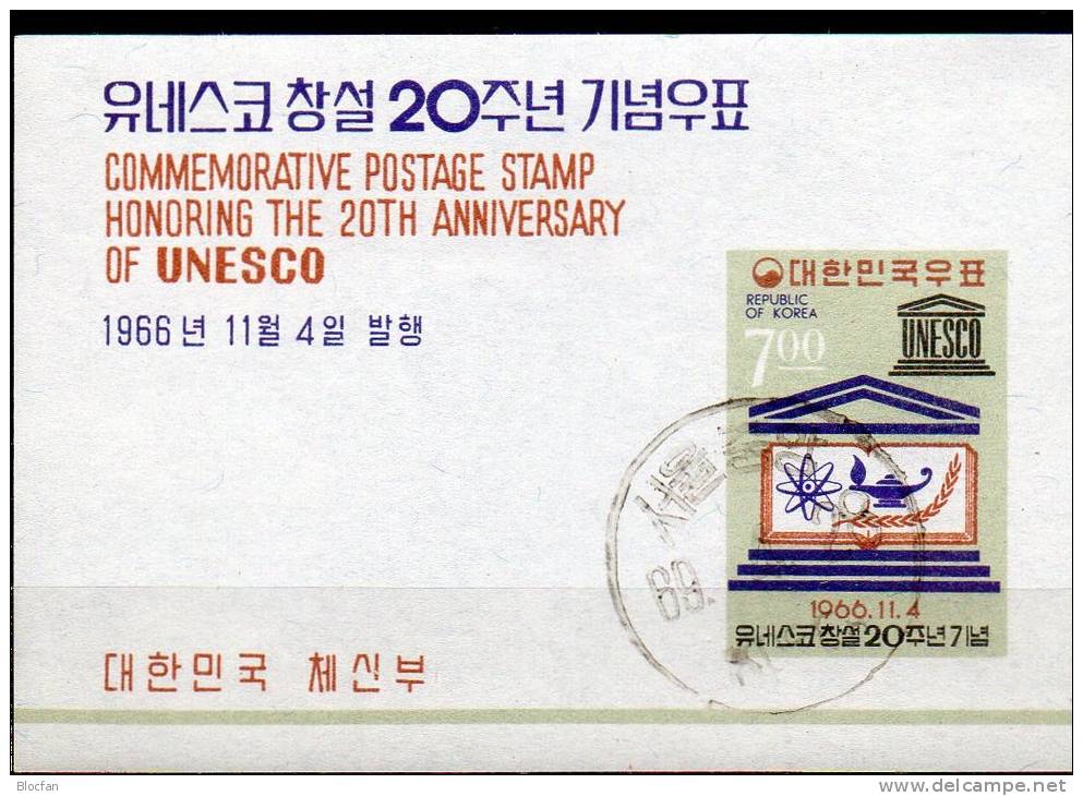 20 Jahre UNESCO 1966 Emblem Korea Block 240 O 5€ Symbol Erziehung Bildung Bf M/s UNO Bloc Sciences Sheet Of South-Corea - Korea, South