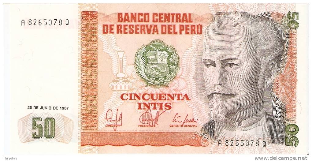 BILLETE DE PERU DE 50 INTIS DEL AÑO 1987  (BANKNOTE) SIN CIRCULAR-UNCIRCULATED - Perú