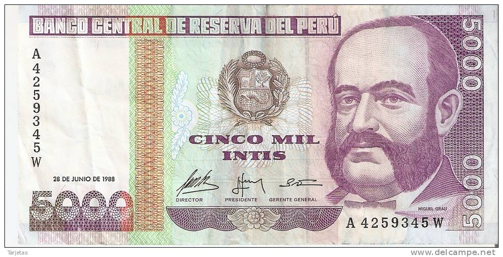 BILLETE DE PERU DE 5000 INTIS DEL  AÑO 1988  (BANKNOTE) - Perú