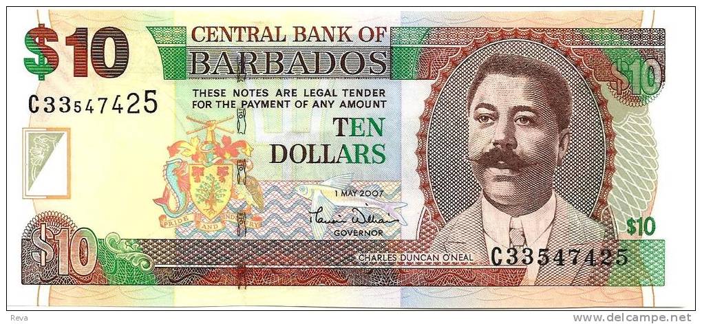 BARBADOS $10 BROWN MAN FRONT LANDSCAPE BACK  SIGN.WILLIAMS 2007 UNC P. 68 READ DESCRIPTION!!!!! - Barbados