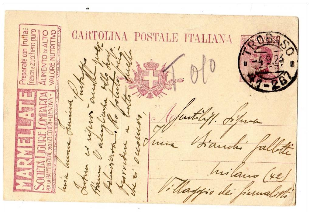 ITALIA REGNO 1923 ANNULLO TROBASO SU CART POSTALE PUBBLICITARIA TASSATA  (r. 8407) - Storia Postale