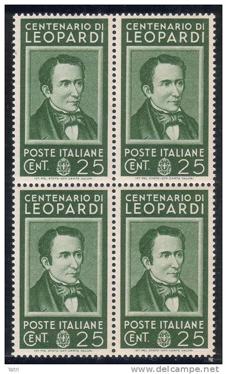 Regno D'Italia - Centenari Di Uomini Illustri (1937) Sass. 426-435 In Quartine ** MNH - Mint/hinged