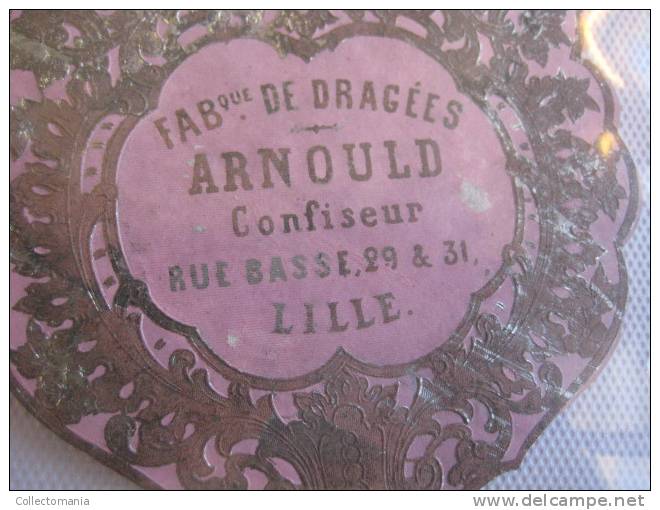 5 Labels, ETIQUETTES Et  Avant 1900, Litho Liqueur, Savon, Tapioca, Dragéesn, Draperies   XIXième; Imprimeur Danel Lille - Autres & Non Classés