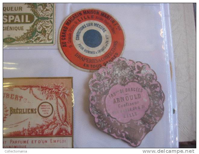 5 labels, ETIQUETTES et  avant 1900, litho liqueur, savon, tapioca, dragéesn, draperies   XIXième; imprimeur Danel lille