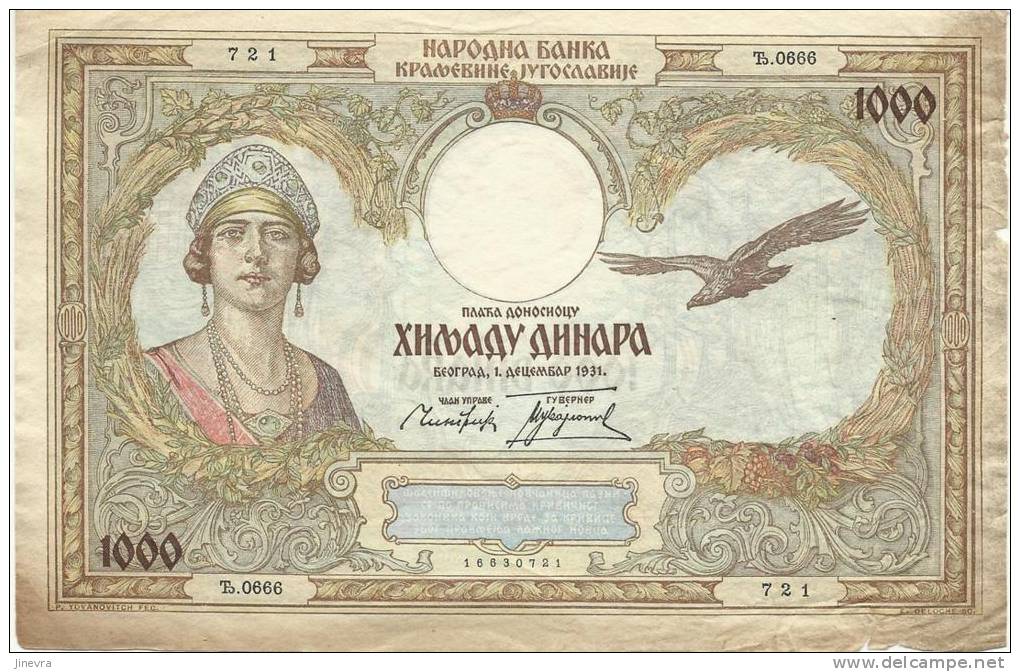 YUGOSLAVIA 1.000 DINARA 1931 PICK 29 FINE - Yougoslavie