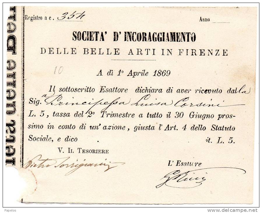 1869  FATTURA   SOCIETA'  D' INCORAGGIAMENTO DLLE BELLE ARTI IN   FIRENZE - Italia