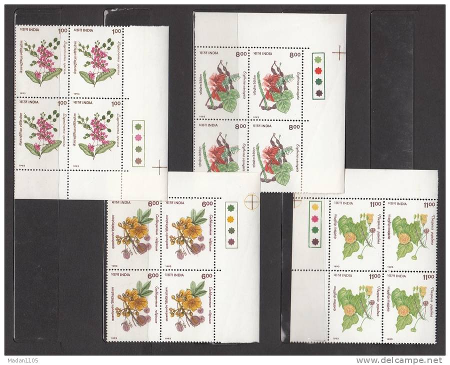 INDIA 1993 Indian Flowering Trees, 4 Values, Complete Set, Blocks Of 4 With Traffic Lights, MNH(**) - Neufs