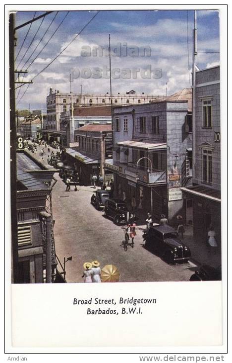 BRIDGETOWN BARBADOS Postcard~ BROAD STREET SCENE~ C1950s Postcard ~ CARS & STORES~B.W.I.  [3853] - Barbades