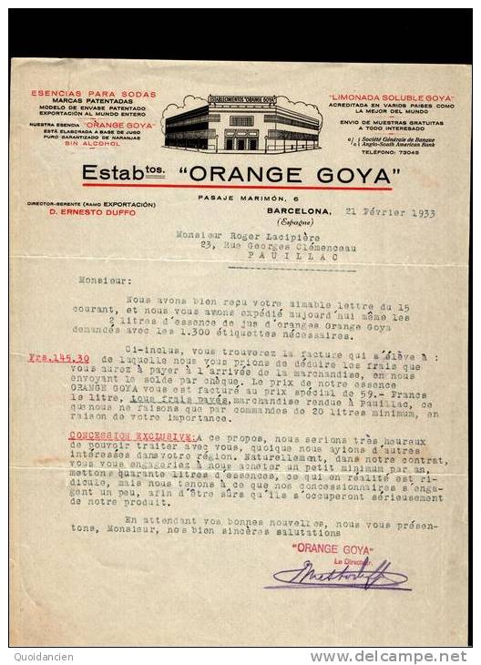 Entête  21/02/1933  -  BARCELONE -  Etablissements "  ORANGE  GOYA  "  Essences Pour Sodas, Limonade - Espagne