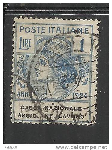 ITALY KINGDOM ITALIA REGNO 1924 PARASTATALI CASSA NAZIONALE ASSICURAZIONI INFORTUNI SUL LAVORO LIRE 1 USED - Portofreiheit