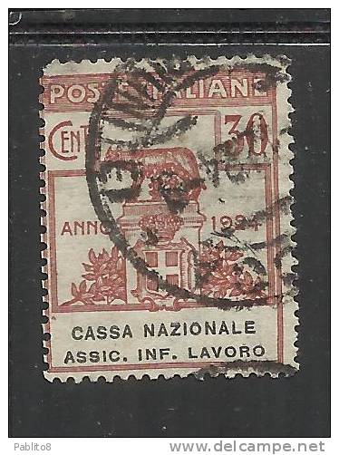 ITALY KINGDOM ITALIA REGNO 1924 PARASTATALI CASSA NAZIONALE ASSICURAZIONI INFORTUNI SUL LAVORO CENT. 30 USED - Portofreiheit