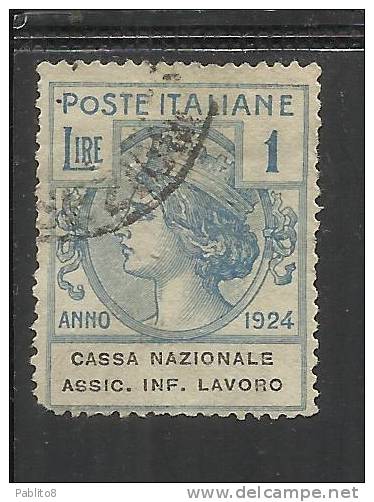 ITALY KINGDOM ITALIA REGNO 1924 PARASTATALI CASSA NAZIONALE ASSICURAZIONI INFORTUNI SUL LAVORO LIRE 1 USED - Portofreiheit