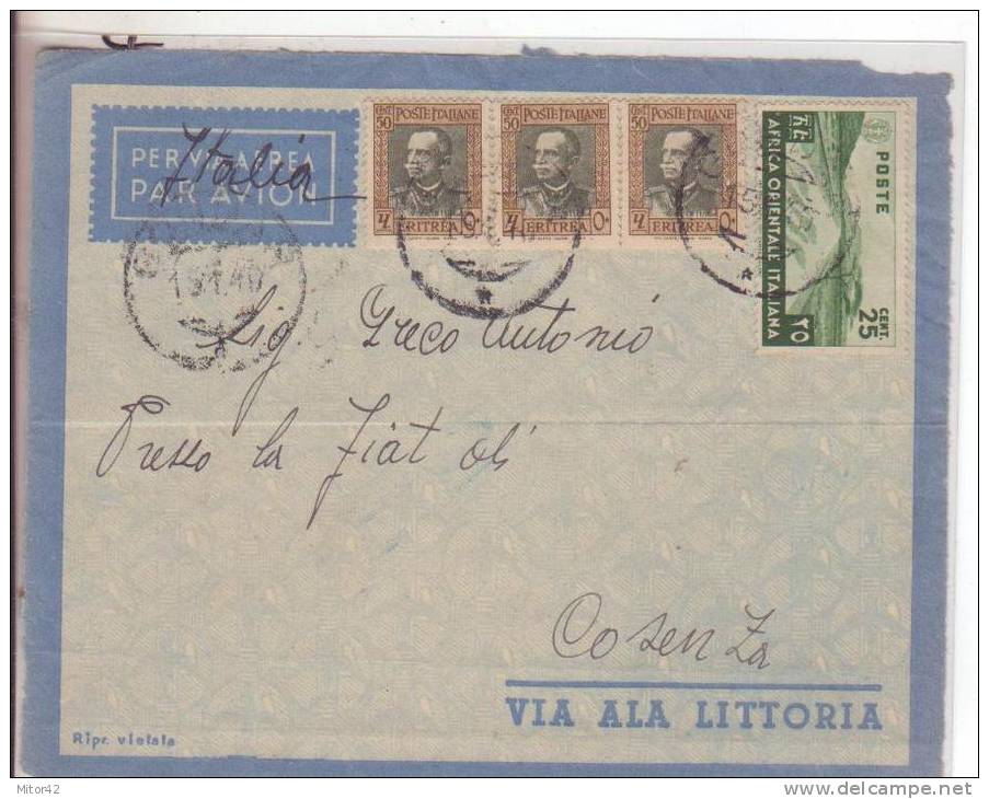 136- Africa Orientale Italiana-A.O.I.25c.in MISTA Ad Eritrea 50c(x3)-su Frontespizio-Ex Colonie Italiane-v1940 X Cosenza - Italian Eastern Africa