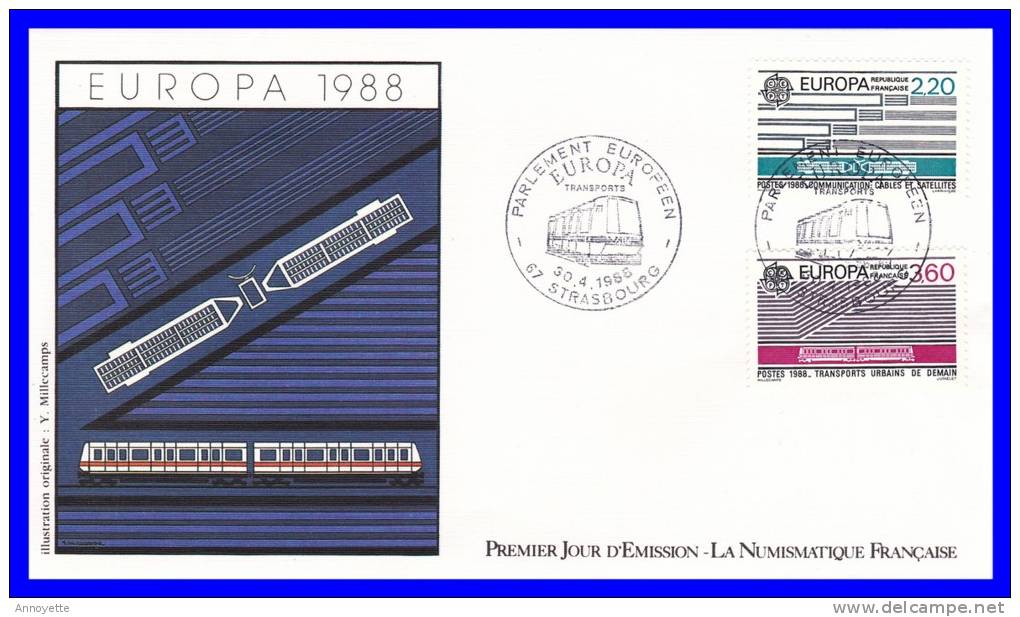 2531-2532 (Yvert) Paris Et Strasbourg Sur 3 FDC “La Numismatique Française” - Europa. Transports Et Communication - 1988 - 1980-1989