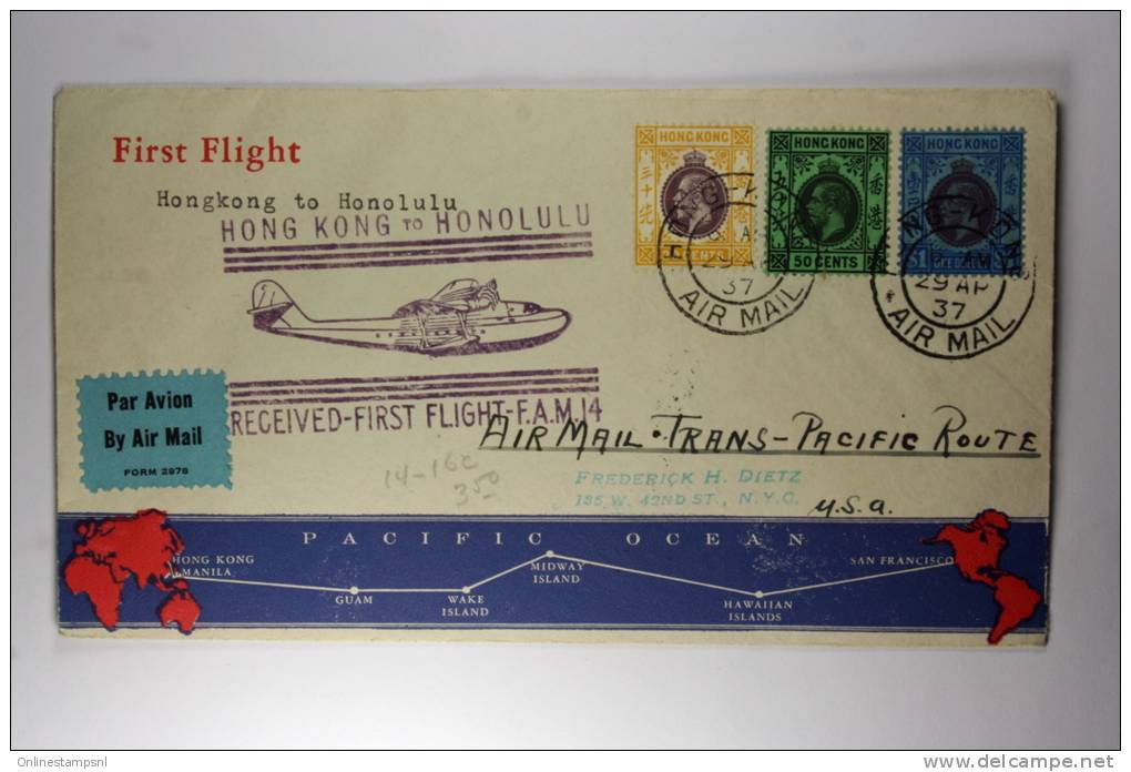 Hong Kong: 1937, Special Airmail Cover First Flight To Honolulu, Mixed Stamps, 30+50c + 1 $, Flight FAM 14 - Brieven En Documenten