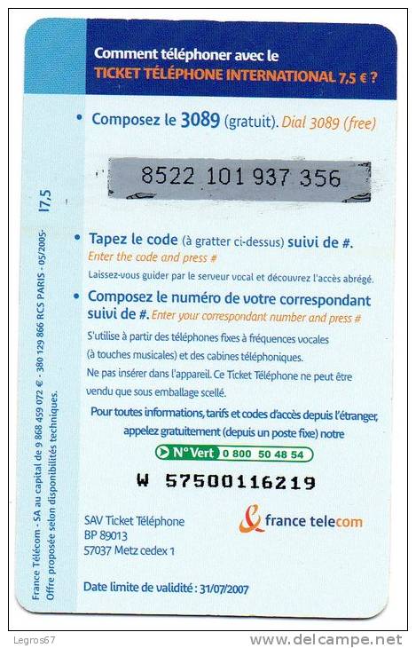 Ticket Téléphone 7,50 €	31/07/2007 - FT