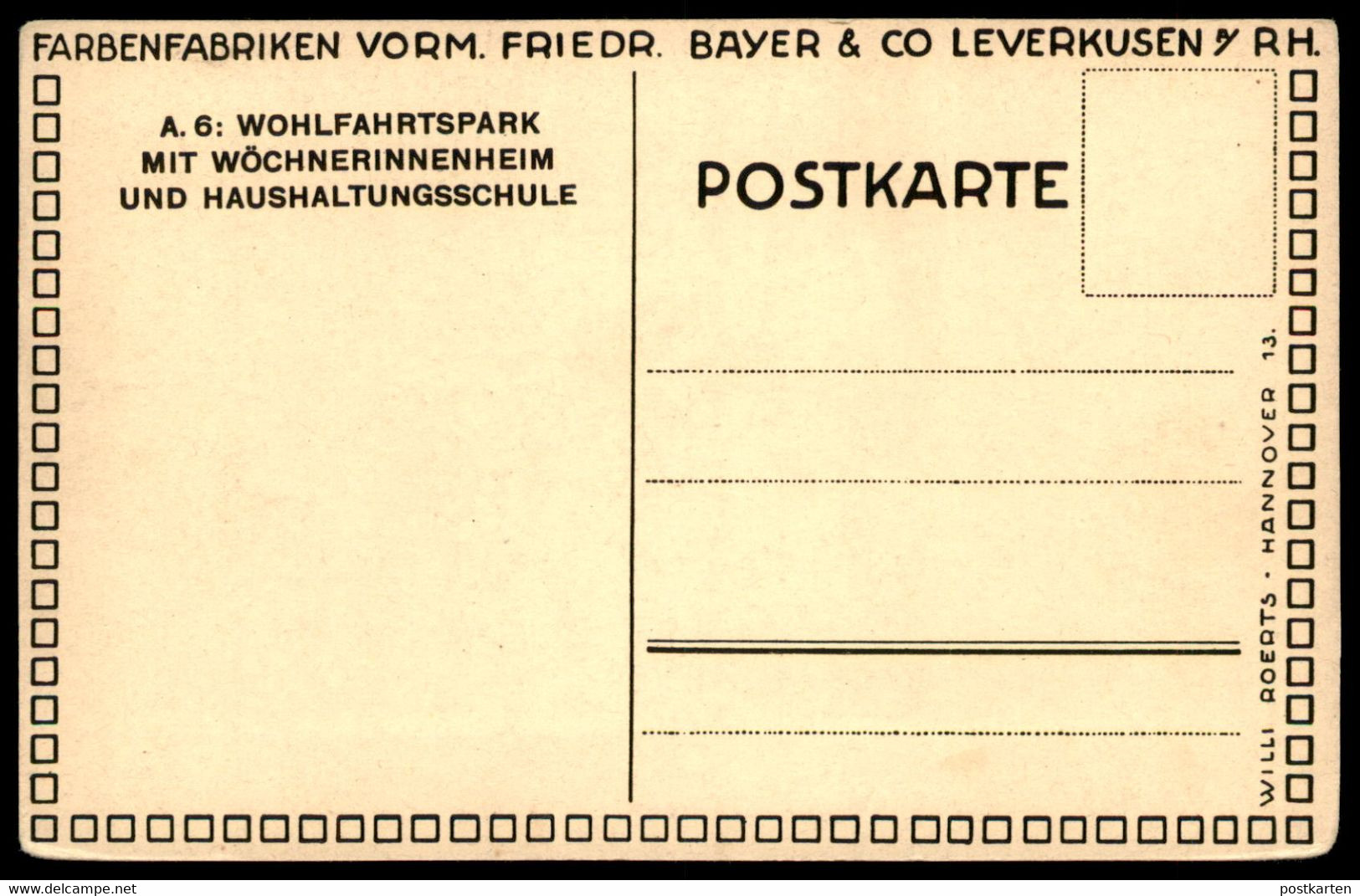 ALTE POSTKARTE LEVERKUSEN WOHLFAHRTSPARK WÖCHNERINNENHEIM & HAUSHALTUNGSSCHULE FARBENFABRIKEN VORM. BAYER Ringelreihen - Leverkusen