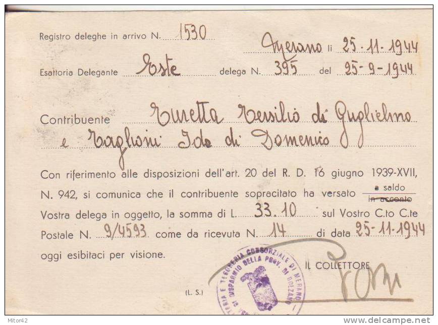 15*-R.S.I.-Cartolina Intestata Esattoria Imposte Di Merano-affrancata 50c.Monumenti-15.1.44 X Este-Padova - Marcophilia