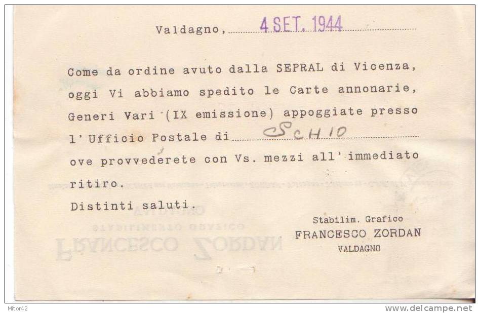 16*-R.S.I.-Cartolina Intestata Stab.Grafico Zordan-Valdagno-affrancata 30c.Monumenti-4.9.44 X San Vito Di Leguzzano - Poststempel