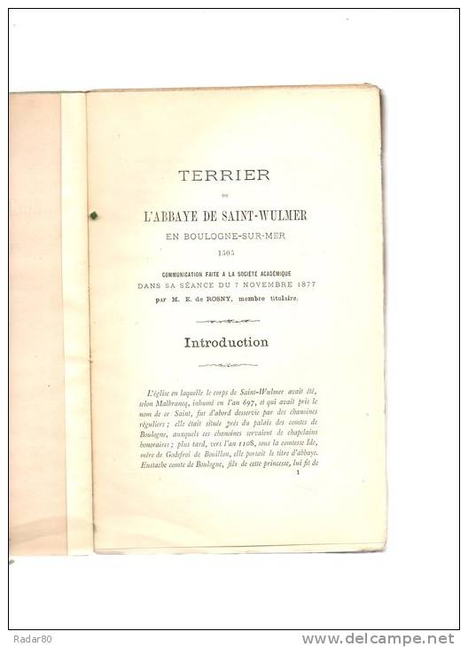 Terrier De L´abbaye De Saint-Wulmer En Boulogne-sur-Mer,1505,M .E.de Rosny,,tome Dixième ,1879 - Picardie - Nord-Pas-de-Calais