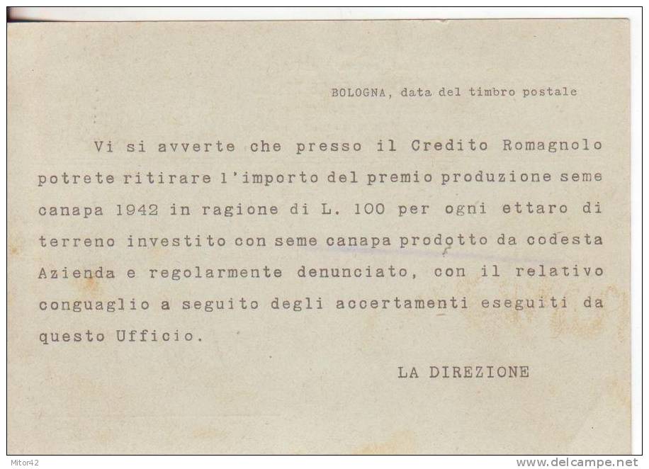 25*-R.S.I.Cartolina Pubblicitaria Ente Fibre Tessili-Bologna-affranc.30c.Tamburinoi-Minerbio-22.7.44 X Granarolo Emilia - Poststempel