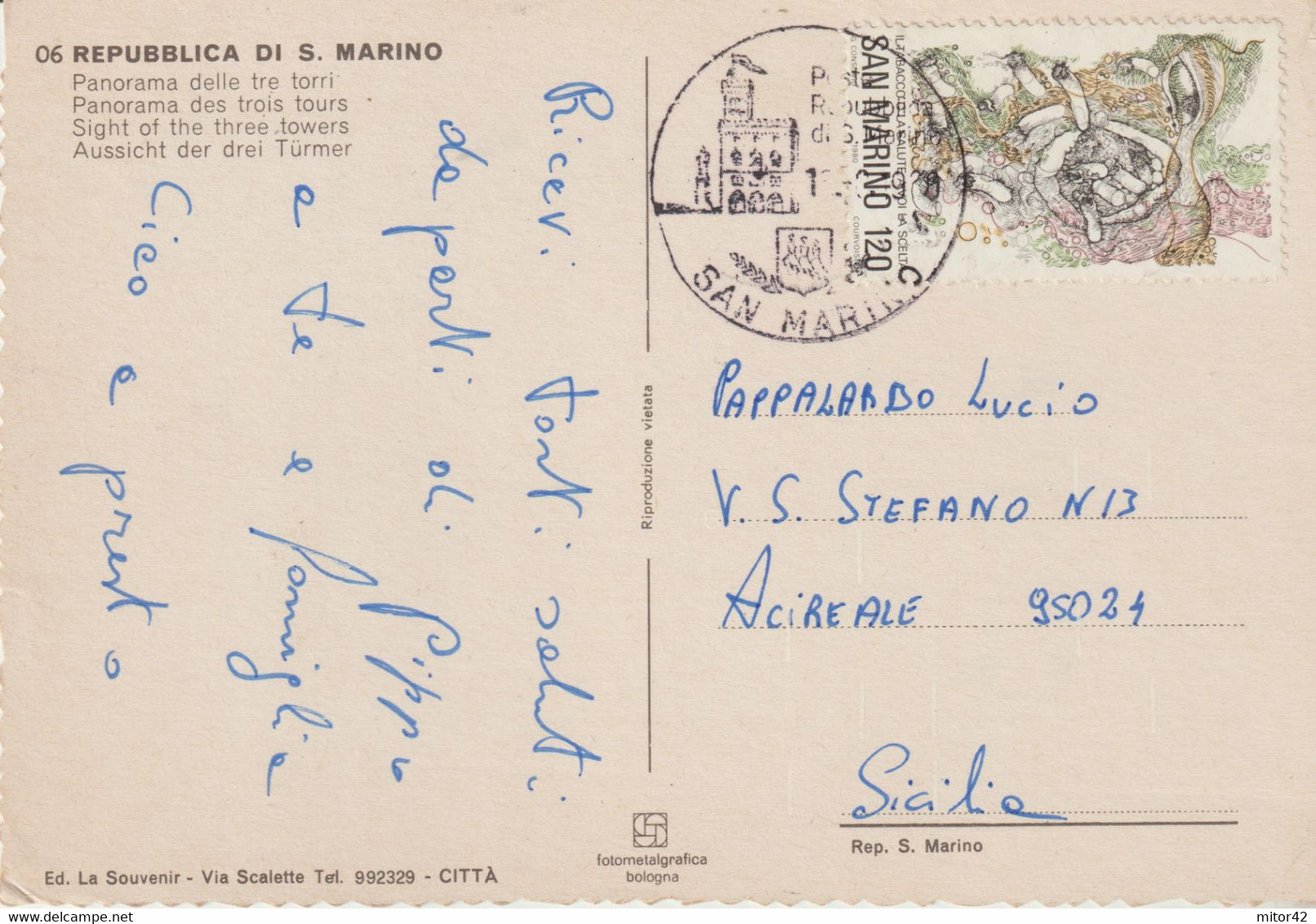 29-San Marino-Storia Postale 1980-Tema Fumo-Tabacco-Sigarette X Acireale - Brieven En Documenten