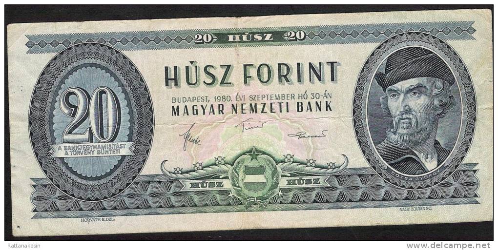 HUNGARY  P169g   20   FORINT   1980    VF - Hongrie