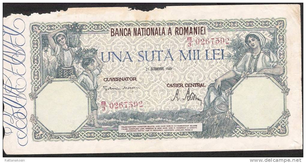ROMANIA P58   100.000 LEI   21 October 1946  VG-F See Scan - Roumanie