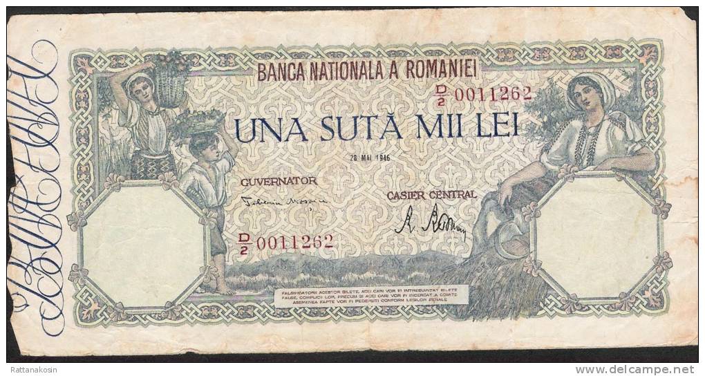 ROMANIA P58   100.000 LEI   28 May 1946  VG-F See Scan - Roumanie