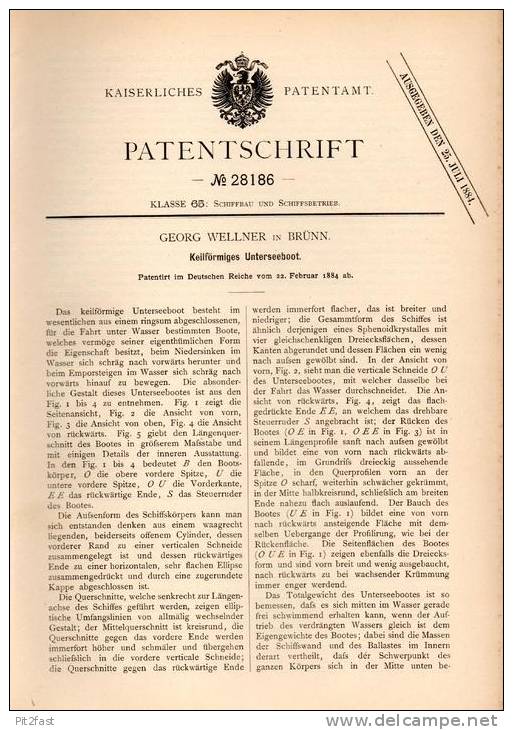 Original Patentschrift - G. Wellner In Brünn / Brno , 1884 , Unterseeboot , U-Boot , Boot !!! - Schiffe