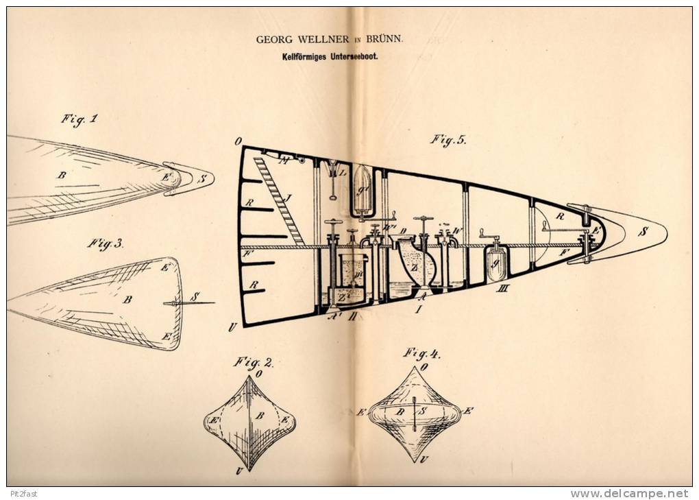 Original Patentschrift - G. Wellner In Brünn / Brno , 1884 , Unterseeboot , U-Boot , Boot !!! - Schiffe