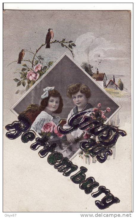 Carte Postale Fantaisie De BETTEMBOURG-Souvenir-Gruss Aus..Enfant-Oiseau-Carte Avec Paillettes Collées- - Bettembourg
