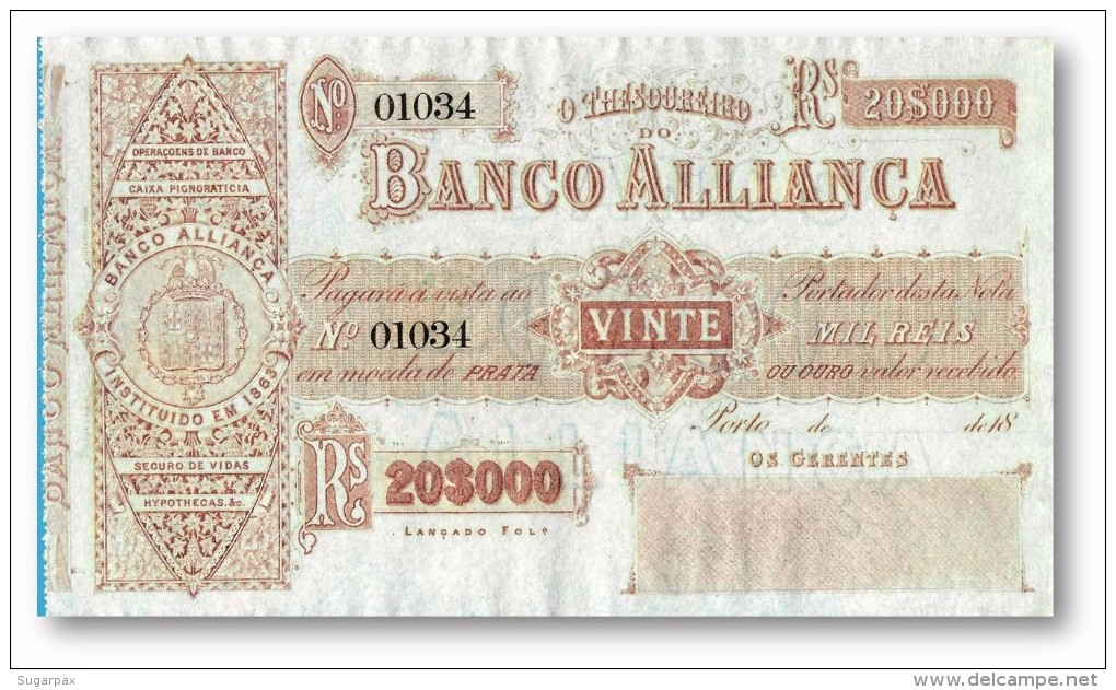 PORTUGAL &#9733; 20 000 Réis &#9733; 20$000 Rs &#9733; Pick S 142 - UNC. - BANCO ALLIANÇA ( ALIANÇA )  &#9733; See Scans - Portugal