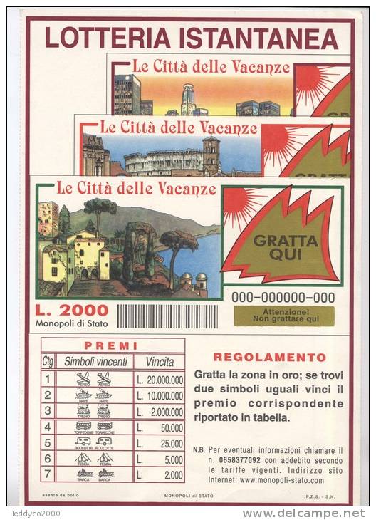 LOTTERIA ISTANTANEA GRATTA E VINCI  LE CITTA´ DELLE VACANZE Locandina - Altri & Non Classificati