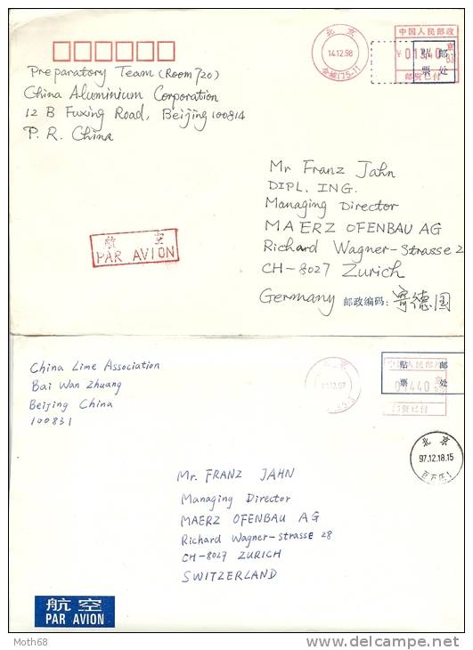 1998 2 Briefe Freistempel China In Schweiz - Covers & Documents