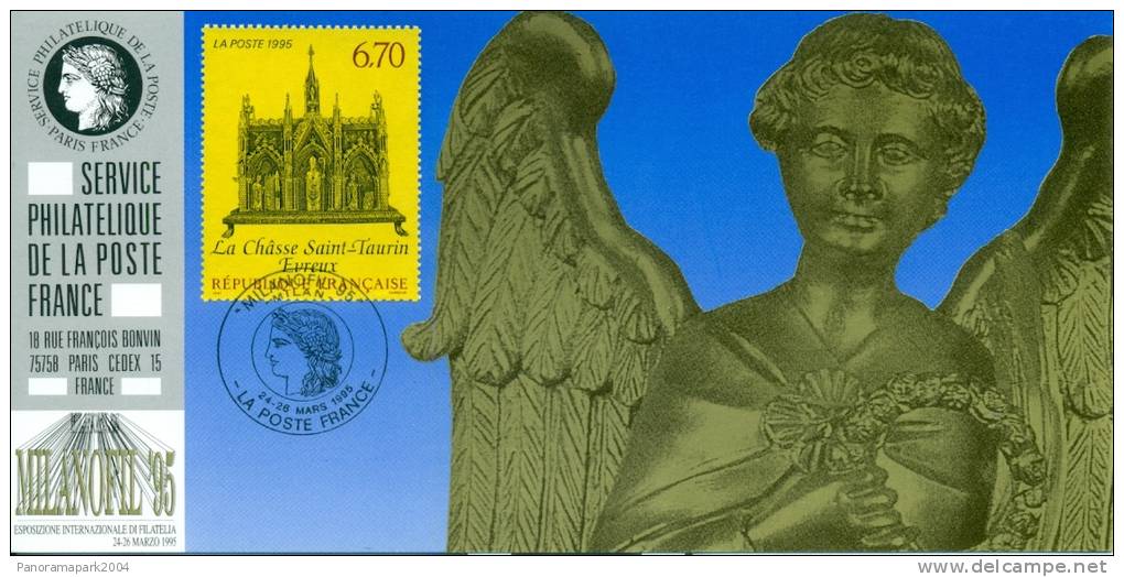 127 Carte Officielle Exposition Internationale Exhibition Milano 1995 FDC Châsse Saint-Taurin Evreux Eglise Church - Briefmarkenausstellungen