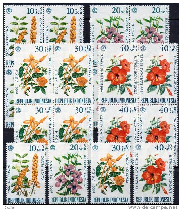 Blumen 1966 Indonesien 503/6+4x4-Block ** 22€ Naturschutz Hibiskus Hoja Nature Blocs Flower Sheet Rose Bf Indonesia - Indonesien