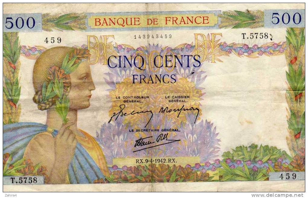 500 Frs Banque De France 500 Frs - BDF - 459 - T.5758 - RX.9-4-1942.RX. - 143943459 - 500 F 1940-1944 ''La Paix''