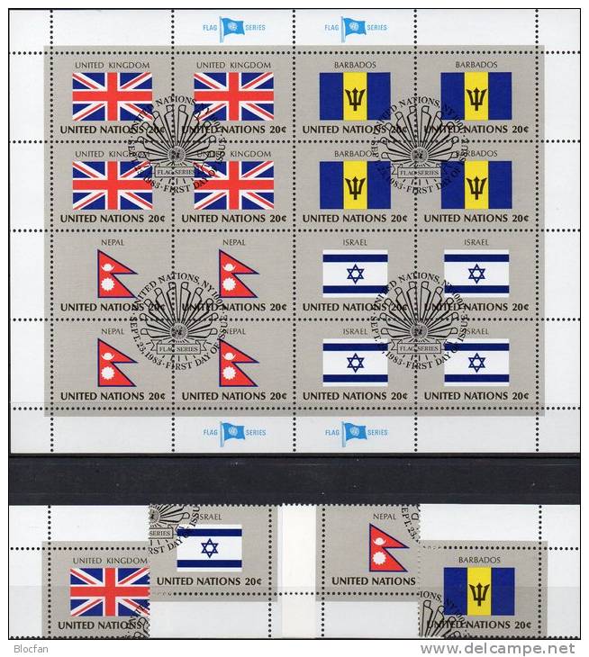 UNO Kleinbogen Flaggen IV 1983 New York 422/5 Plus 16-KB O 6€ UK Britaine BARBADOS NEPAL ISRAEL Bf Flag Sheet M/s UN NY - UNO