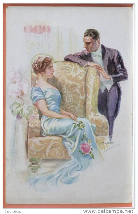 CP Litho Illustrateur Usabal R & K.L. ERKAL N° 318 Couple Femme Fleur Vase Fauteuil Homme Flirt Elegant - Usabal