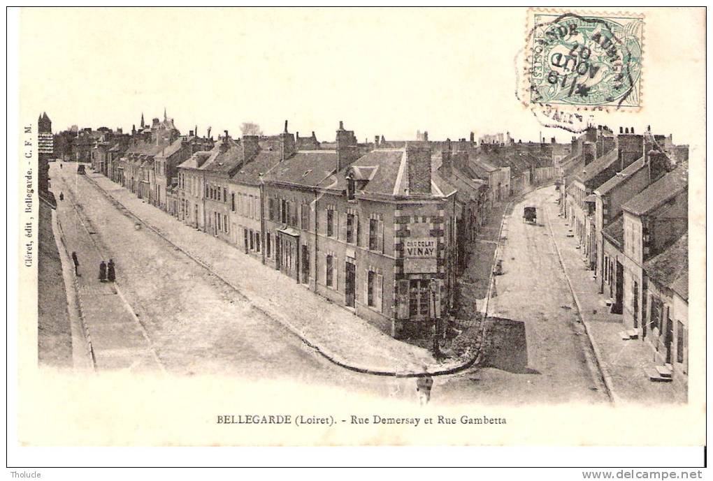 Bellegarde (Montargis-Loiret)-1907-Rue Demersay Gambetta-Pub.Chocolat Vinay-Cachet Ambulant Aubigny à Beaune La Rolande - Montargis