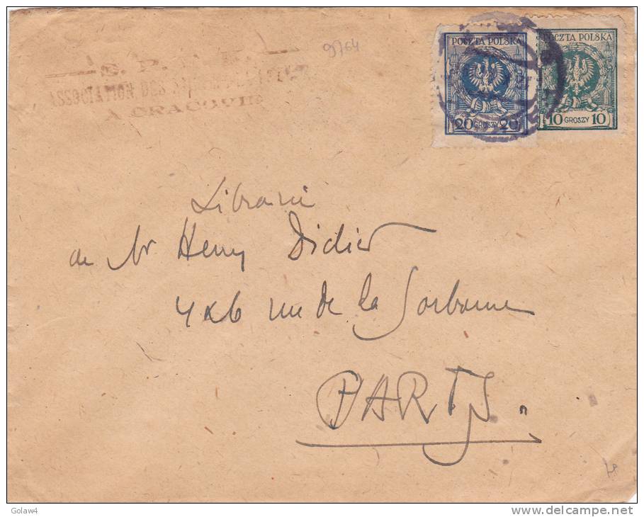 9764# POLOGNE POLSKA LETTRE Obl KRAKOW 1924 ? CRACOVIE Pour PARIS FRANCE - Covers & Documents